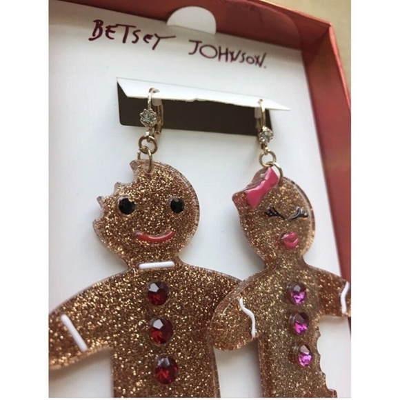 Betsey Johnson Gold Tone Gingerbread Man & Woman Mismatch Drop Earrings - Picture 4 of 5